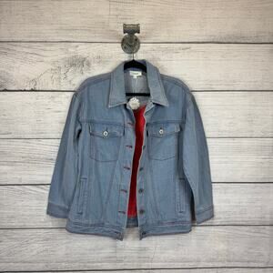 Oddy Women's Blue Jean Pink Heart Back Basic Denim Jacket Size Small